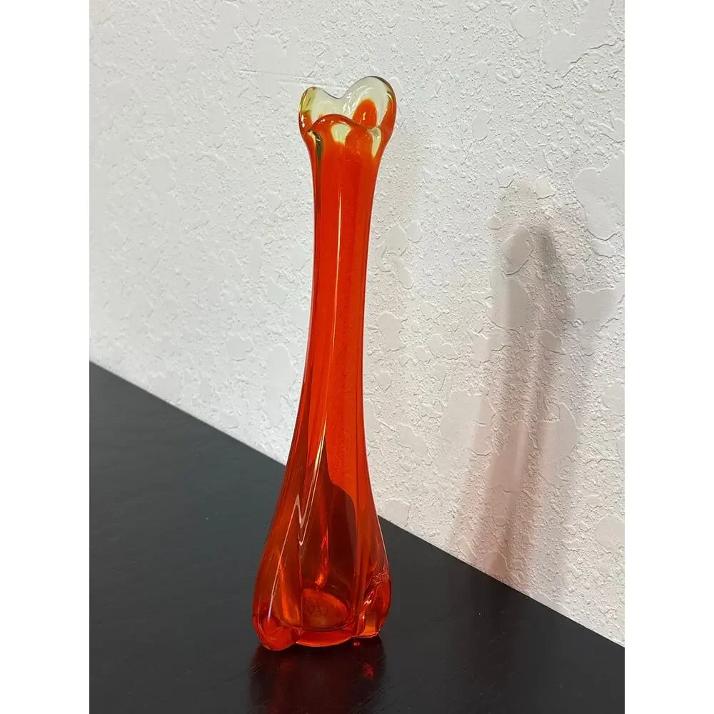 Vintage MCM Vikcing Glass Orange Persimmon Color- Swung Bud Vase- 10